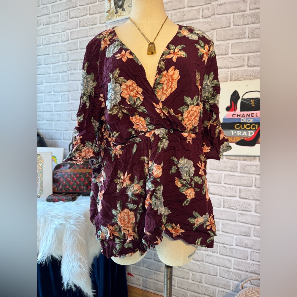 torrid Plum Floral Wrap-Front Tunic with Peach & Sage Blooms